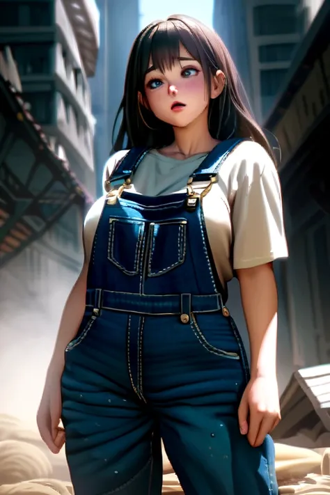 girl shit in her overalls. A lot of shit and poop is on her overalls.
