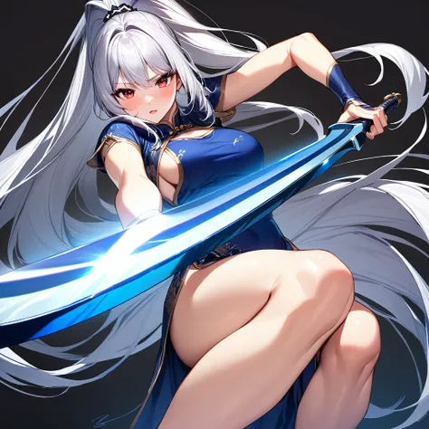 (masterpiece),(Highest quality),(Very detailed),(Best illustrations),(so beautiful), so beautiful長い脚, Thighs, Silver Hair, Red eyes, Very long hair, High Ponytail, Blue clothes, China dress, Side slits, Have a weapon, Huge_sword, Slashing,