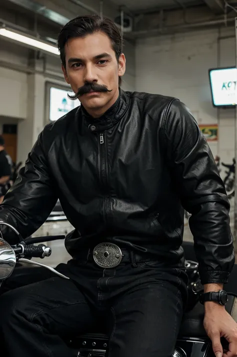 A man with a thin mustache sits on a motorbike in black clothes
