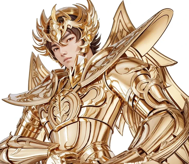 A young asian man in glossy gold armor with white outfit without sleeves underneath, Saint seiya, pegasus seiya, unreal engine saint seiya render