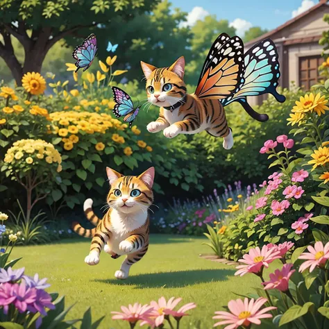 A playful cartoon cat chasing a butterfly in a garden."