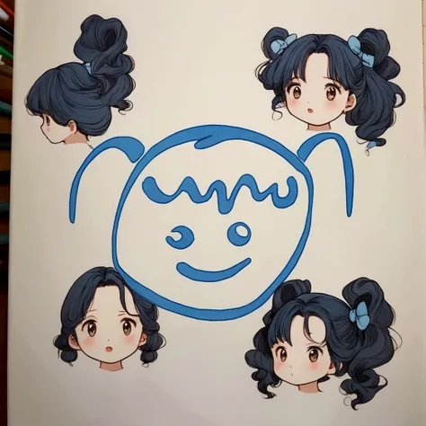 Twin ponytail girl，Cute face，Old manga style，Long curly black hair，Wearing a blue top，Kyoani style