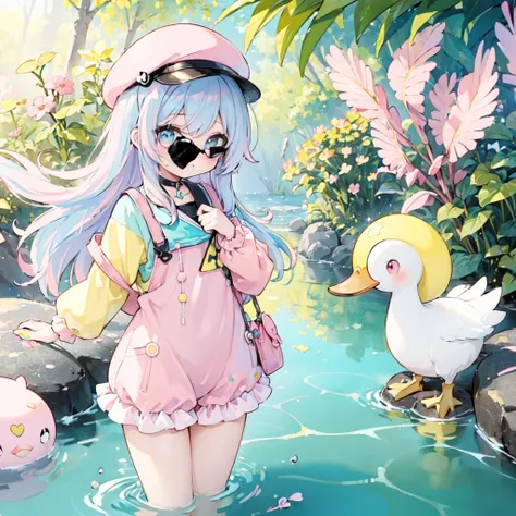 anime girl in a hat and shorts with ducks in the water, multicolor hair, (blue to pink hair:1.5,)an anime drawing by Kamagurka, trending on pixiv, process art, splash art anime , from the azur lane videogame, from girls frontline, cute art style, duckies, ...