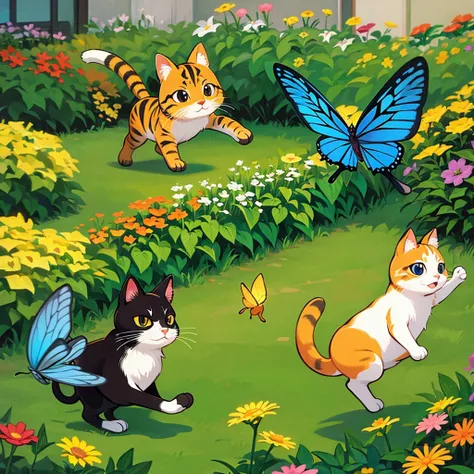 A playful cartoon cat chasing a butterfly in a garden."