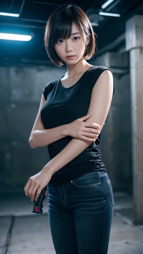 A beautiful realistic young Japanese woman in her 20s, holding a Desert Eagle pistol with both hands, tense and intense expression, short hair, wearing a black t-shirt, standing in a dark underground setting with blue lighting, electric wires and pipes on ...