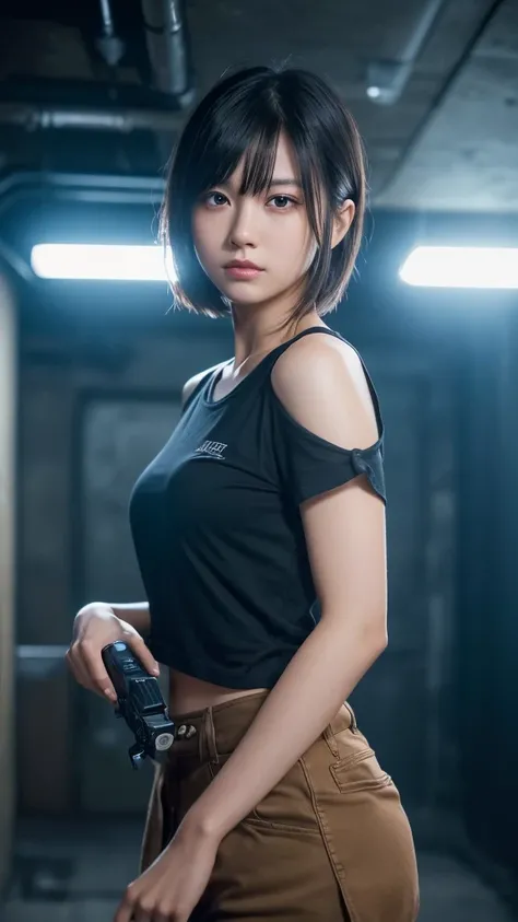 A beautiful realistic young Japanese woman in her 20s, holding a Desert Eagle pistol with both hands, tense and intense expression, short hair, wearing a black t-shirt, standing in a dark underground setting with blue lighting, electric wires and pipes on ...