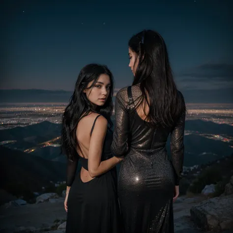 a girl with messy long black hair facing his back wearing a black elegant dress with glitter on top of the mountain overlooking los angeles at dark night