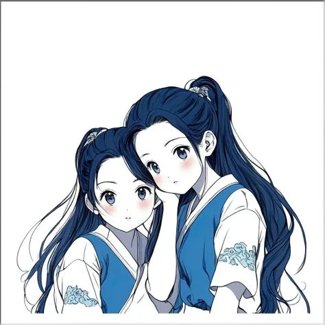 Twin ponytail girl，Cute face，Old manga style，Long curly black hair，Wearing a blue top，Kyoani style