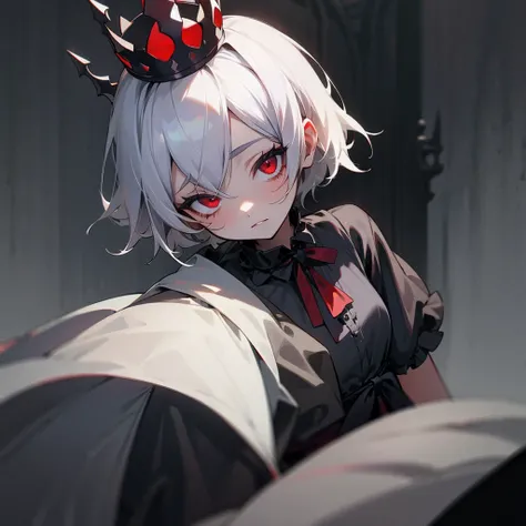 Small crown, fog, skull, short hair, red eyes, gothic lolita
