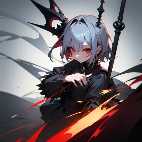 Small crown, fog, skull, short hair, red eyes, gothic lolita
