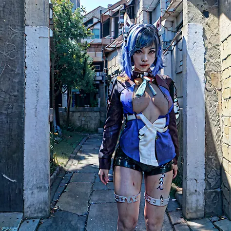 Anime girl with blue hair and horns on a street., realistic 3d anime, 2. 5d cgi anime fantasy artwork, animated style 3d, animated style. 8k, 4k animated style, realistic anime 3d style, deviantart art station cgscosiety, digital animated art, up to us in ...