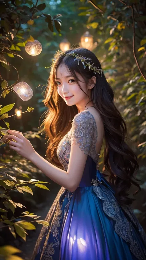 One girl, ,,Smile more, High-resolution images, woman, Her hair was decorated with glowing fireflies, Captivatingly shining eyes. Wearing a gown woven with moonlight, She is a tree々Standing in a vibrant and mysterious forest. scene, Surrounded by the fanta...