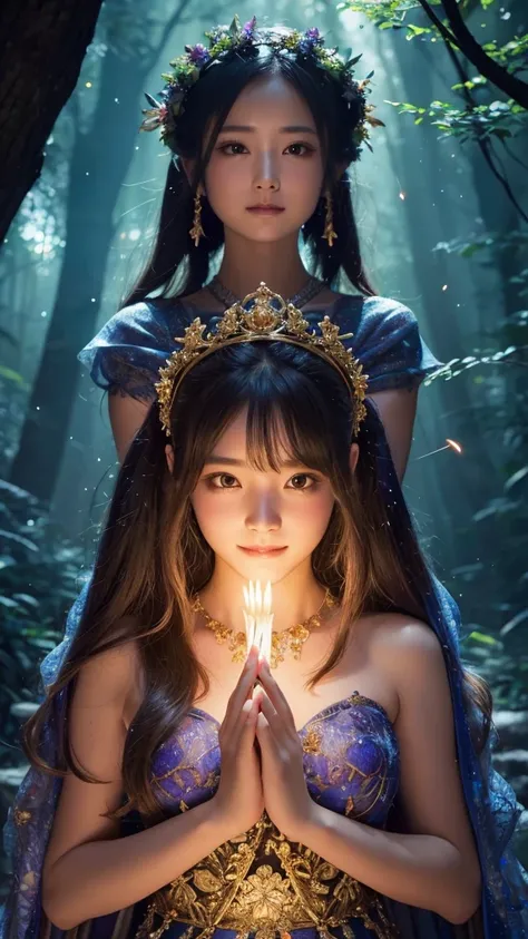 One girl, ,,Smile more, High-resolution images, woman, Her hair was decorated with glowing fireflies, Captivatingly shining eyes. Wearing a gown woven with moonlight, She is a tree々Standing in a vibrant and mysterious forest. scene, Surrounded by the fanta...