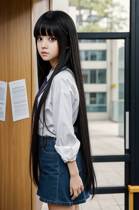 masterpiece, best quality, very aesthetic, absurdres, anime quality,

1girl, standing, looking at viewer, shock look, long hair with bangs, black hair, shock face 

In school