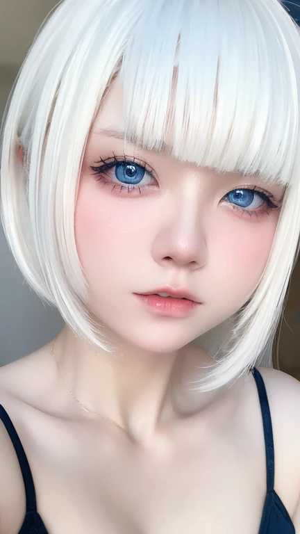 Beautiful and fair、Glowing Skin, 3 Up, Nice, bright, Refreshing and gentle look, Perfect beautiful face、White shorthair，White Hair, Beautiful shiny bangs, Very beautiful 17 year old girl, eyeliner, so perfect and beautiful、Nice big, clear, Sky blue eyes，Ve...