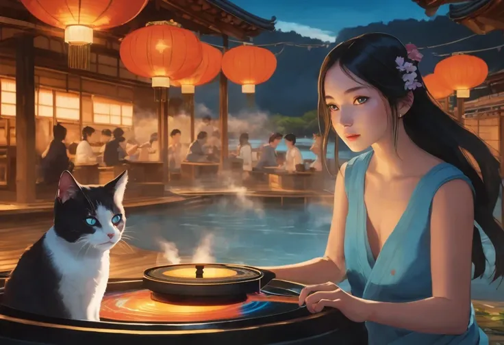 A vibrant onsen event set in a picturesque outdoor landscape with steam rising from the hot springs and lanterns casting a warm glow, where a girl with blue eyes and a cat by her side takes center stage as a DJ, spinning records and energizing the crowd wi...