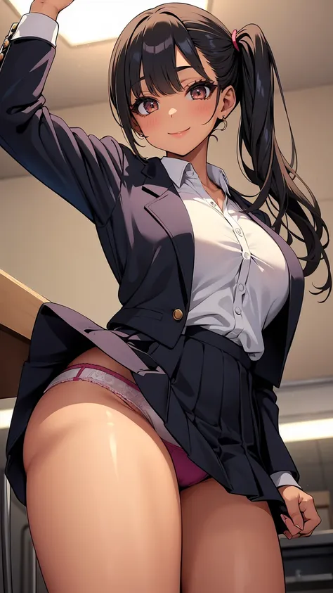 One Girl, Five Fingers, mini skirt, Looking down at the viewer、Dark eyeshadow、Galメイク, Blonde、Side Ponytail、Gal、Brown Skin, Highest quality, Focus on the thighs、The chest is open, Dynamic pose, smile, blazer, blouse, barefoot, Standing Split, classroom, Bla...