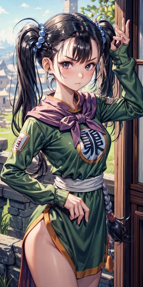 masterpiece, best quality, 4k, 8k, fighter (dq3), 1girl, solo, long hair, twintails, looking at viewer, black hair, hair ornament, long sleeves, dress, medium breasts, closed mouth, cowboy shot, black eyes, arm up, chinese clothes, hair bobbles, clenched h...