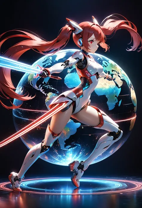 a highly detailed 8k resolution rendering of a 1 girl robot girl with red hair, twin tails, and red eyes, (with one hand holding a red and white long sword:1.3), with a blue sky background, the figure moving at high speed from a side view, (with a protecto...