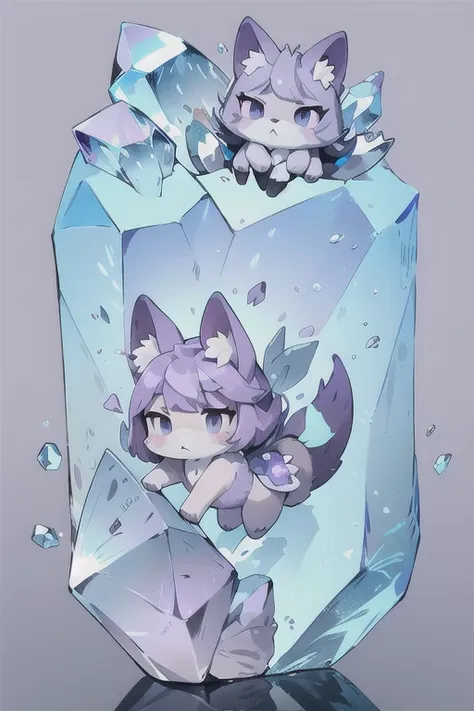 ((best quality)), ((masterpiece)), (detailed), animated purple and grey color fox, purple and grey color crystal fur, crystal sh...