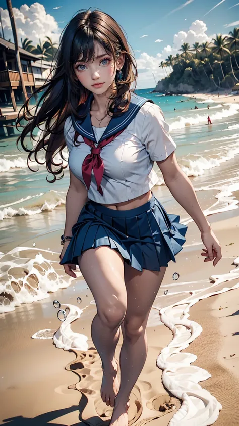 Japanese women、semi-long、Sexy proportions、high school girl、Summer sailor uniform、Navy blue mini pleated skirt、Running barefoot on the sandy beach on the Pacific coast、Footprints remain on the sand