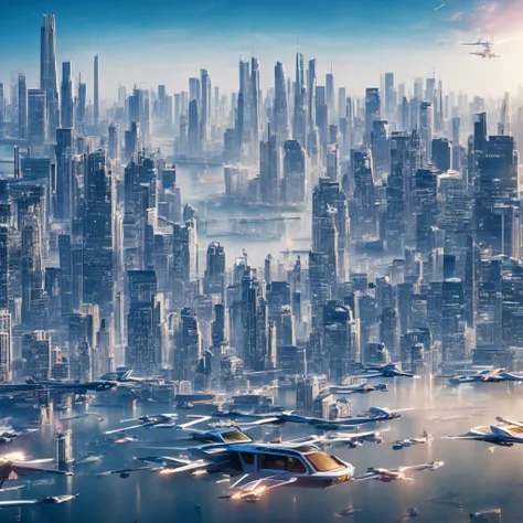 a futuristic city skyline with ai-driven flying cars