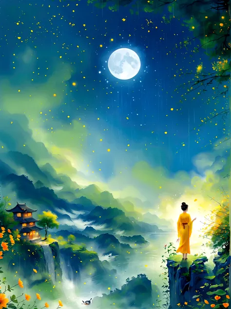 Cai GuoRUNs illustration style, 1girl, A woman in a long skirt stands on a cliff and looks up at the starry sky, Goddess of space, Milky Way Goddess, Goddess of Heaven, Astral Ethereal, dream, Beautiful celestial wizard, Beautiful fantasy painting, Beautif...