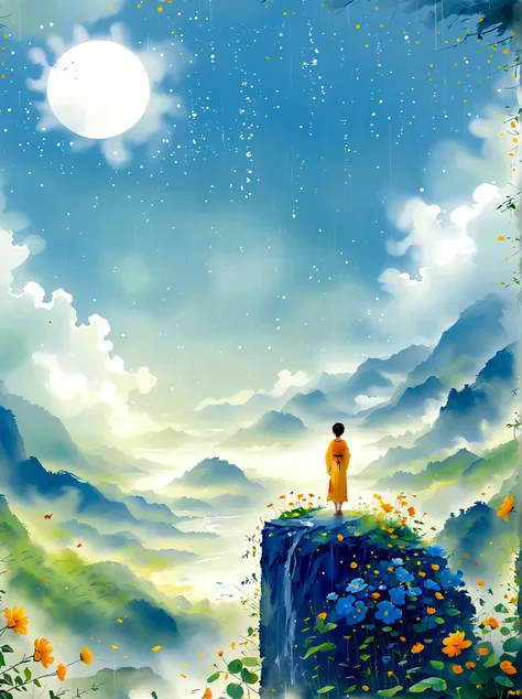 Cai GuoRUNs illustration style, 1girl, A woman in a long skirt stands on a cliff and looks up at the starry sky, Goddess of space, Milky Way Goddess, Goddess of Heaven, Astral Ethereal, dream, Beautiful celestial wizard, Beautiful fantasy painting, Beautif...