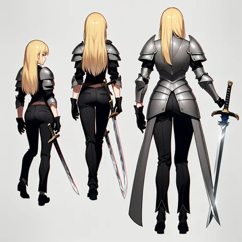 (Full body character concept、detailed)、(((Simple grey armor、Black trousers、Black gloves))、(woman、18-year-old)、(Blonde、Long Hair)、(((Grab the sword)))、(From the back)