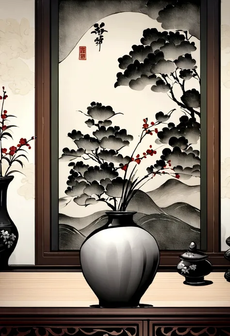 Chinese scene，Chinese furniture，There are two vases on the table in front of the wall，There are flowers on it，It has a classical Chinese aesthetic，Chinese style，Ink painting background，Antique rhyme，high-definition picture quality，4k