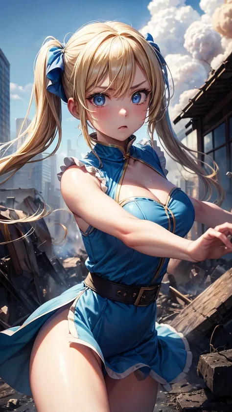 A masterpiece, best quality, bubble, blue dress, long blonde pigtails, cute face, extremely detailed eyes, intense expression, fighting pose, destroyed city, distant fire, rising smoke, 