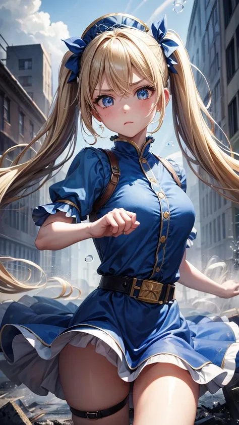 A masterpiece, best quality, bubble, blue dress, long blonde pigtails, cute face, extremely detailed eyes, intense expression, fighting pose, destroyed city, distant fire, rising smoke, 