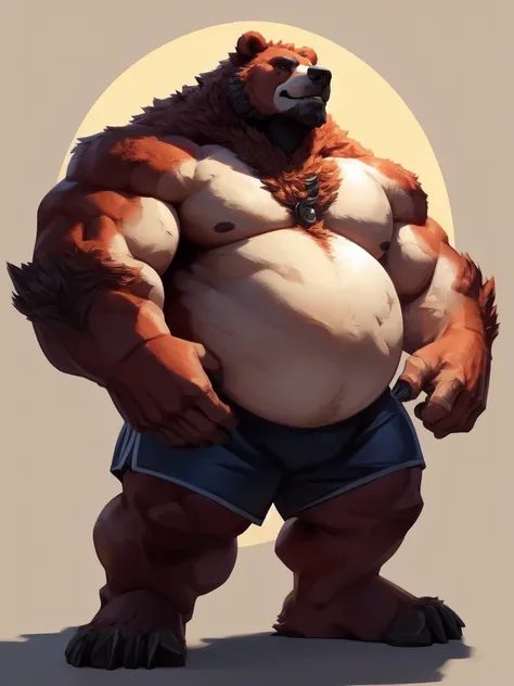 lucusold, lanxus, a man with a huge belly hugging a bear, fat ripped , thicc, lowres, giant and fat, danbooru and artstation, heavy detailed, insanely inflated hips, topless, shorts, proportionally enormous arms, fluffy chest, commission for high res, deta...