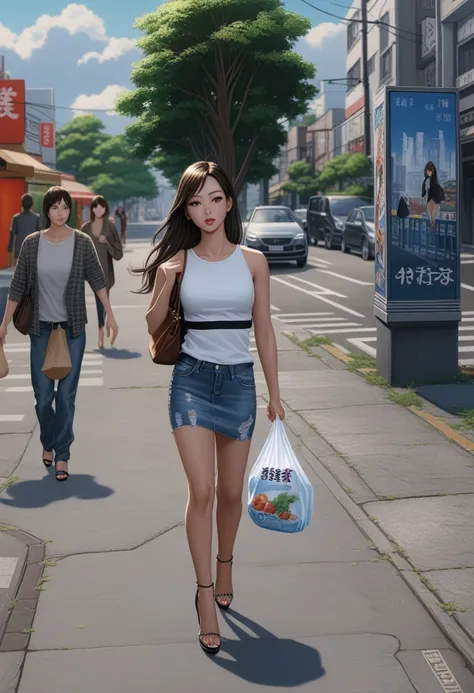 a slim woman, wearing denim mini skirt, walking down the sidewalk with a bag of groceries in her hand, detailed face, beautiful eyes, full lips, delicate facial features, long legs, high heels, detailed clothing, urban street scene, japanese anime illustra...