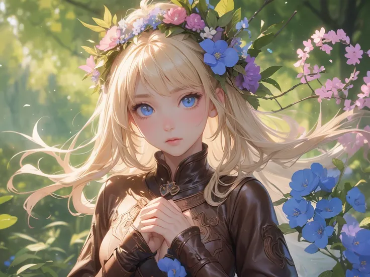 work of art, ultra creative, epic details, ultra detaild, best resolution, Woman, archer, blonde, (Beautiful nymph), ( robust wreath of leaves and pink and blue flowers), sculptural body, (brown clothes made of leather), ((perfect hands))), scenario:Enchan...