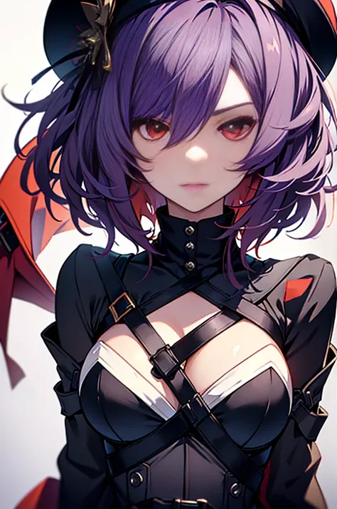 a beautiful girl with violet hair wearing a black dress, extremely detailed facial features, bob haircut, woman wearing a long black and red coat, solo character, white background, anime style, very detailed, photorealistic, 8k, best quality, masterpiece, ...