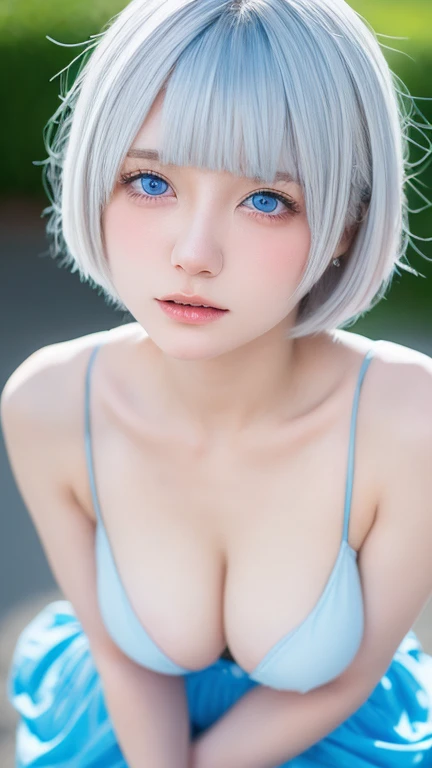 Beautiful and fair、Glowing Skin, 3 Up , bright, Refreshing and gentle look, Perfect beautiful face、White Short Hair，Gray Hair, Beautiful shiny bangs, Very beautiful 17 year old girl, eyeliner, so perfect and beautiful、clear, Sky blue eyes，Very large breast...