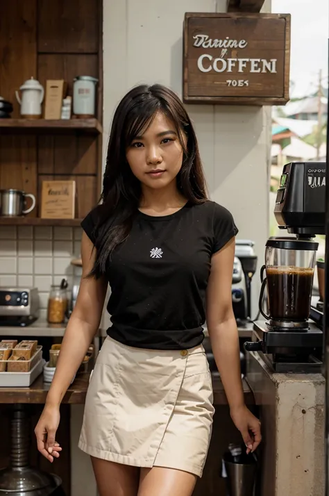 rural coffee shop thailand Located on the side of a paved road,young beautiful thai barista stands in the shop