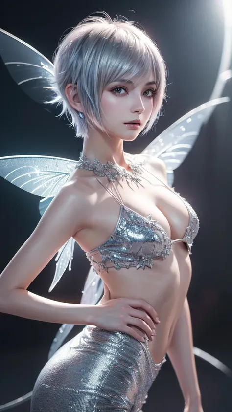 (Highly detailed CG Unity 8k wallpaper, masterpiece, Highest quality, Super detailed), (Best lighting, Best Shadow, Very delicate and beautiful), Cool, dynamic, Original girl character (dynamic pose) Silver (Pixie Cut Hair: 1.3) Reflects light beautifully.