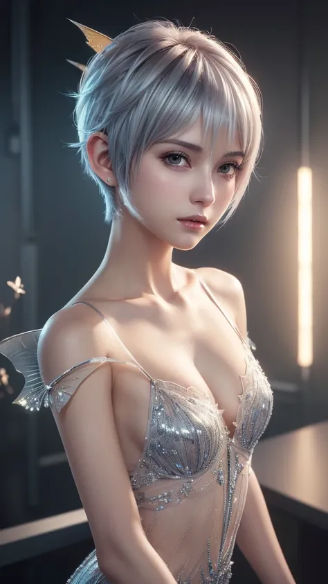 (Highly detailed CG Unity 8k wallpaper, masterpiece, Highest quality, Super detailed), (Best lighting, Best Shadow, Very delicate and beautiful), Cool, dynamic, Original girl character (dynamic pose) Silver (Pixie Cut Hair: 1.3) Reflects light beautifully.