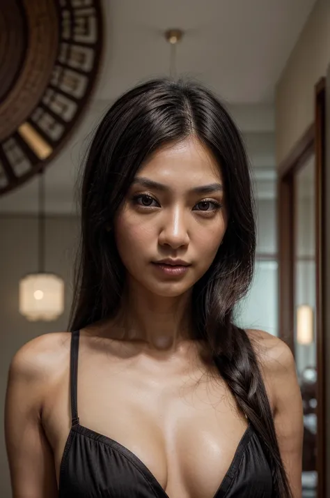 [[((young attractive Singaporean woman with strong Chinese Asian influence, a brown tanned complexion, long straight dark black hair, striking almond-shaped dark brown eyes, and a  frame:1.6)), ((Sophie Tan:1.5)), standing against a plain white background ...