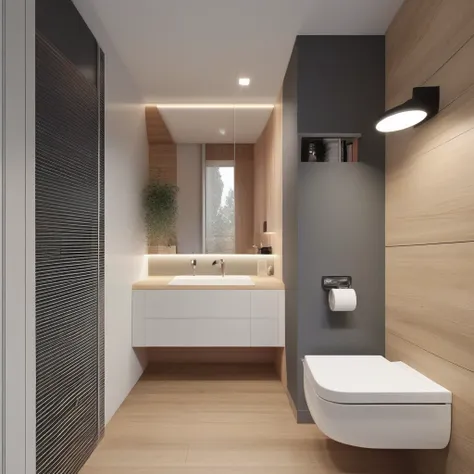 a modern design of 3 square meters room with a window. a toilet and shower side-by-side, and sink cabinet in a compact space. with careful consideration given to every detail. Integration of natural light through the toilet window, creating a sense of open...