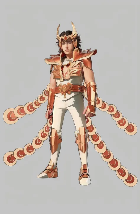 A young European man in his early 30s in orange copper armor with the white tight underneath without sleeves, Saint Seiya, Phoenix Ikki