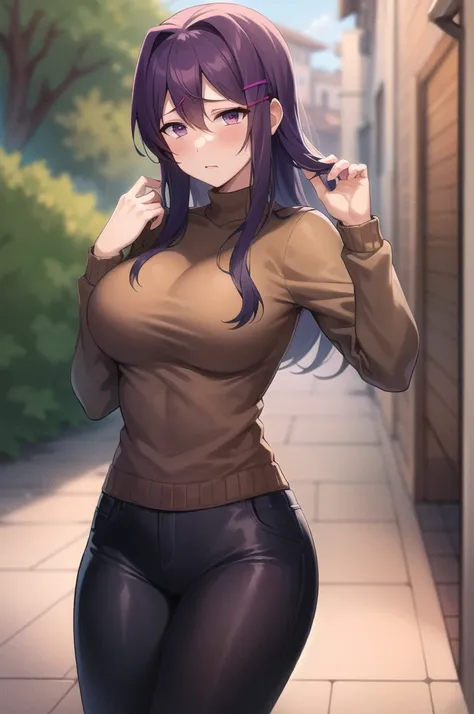 2d, masterpiece, best quality, anime, highly detailed, cowboy shot, 1girl, solo, yuri, purple eyes, purple hair, hair between eyes, hairclip, turtleneck, black pants, tall, (large breasts:0.8) shy, embarrassed, playing with own hair, outdoors 