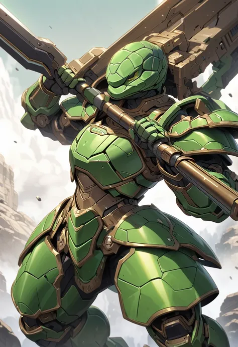 extremely detailed futuristic green and brown armor based off of a turtle wielding a massive 2 handed hammer