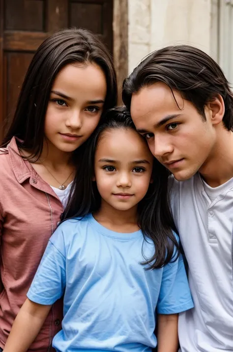 A boy has placed his forehead on the forehead of a girl and is holding both the hands of the other girl with both his hands.