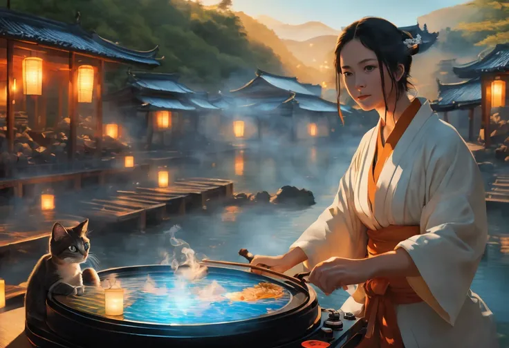 A vibrant onsen event set in a picturesque outdoor landscape with steam rising from the hot springs and lanterns casting a warm glow, where a girl with blue eyes and a cat by her side takes center stage as a DJ, spinning records and energizing the crowd wi...