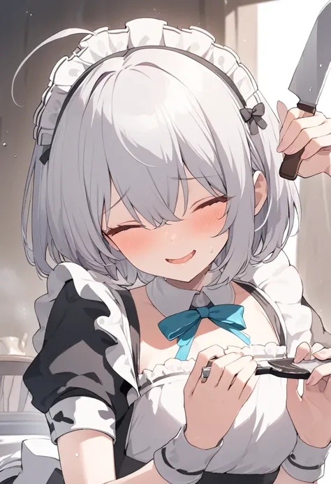 1 Girl，Maid clothes，Gray Hair，Close your eyes and laugh，short hair，Beautiful Hands，Highest quality，masterpiece，Beautiful composition、knife