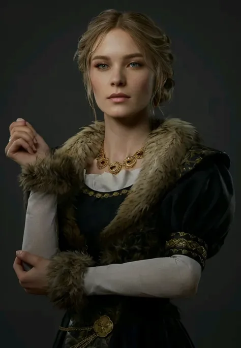 arafed woman in a black dress with a fur collar and a gold necklace, a full portrait of nordic female, 8k portrait render, female character, female lead character, render of mirabel madrigal, beautiful nordic woman, portrait