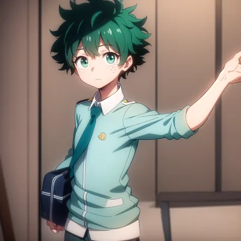 izukumidoriya, female izuku midoriya, midoriya izuku, short hair, (green eyes:1.3), female focus, green hair, messy hair, freckl...